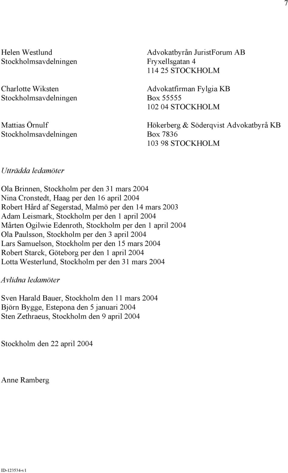 den 1 april 2004 Mårten Ogilwie Edenroth, Stockholm per den 1 april 2004 Ola Paulsson, Stockholm per den 3 april 2004 Lars Samuelson, Stockholm per den 15 mars 2004 Robert Starck, Göteborg per den 1