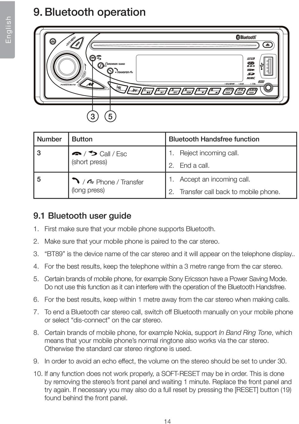 3. BT89 is the device name of the car stereo and it will appear on the telephone display.. 4. For the best results, keep the telephone within a 3 metre range from the car stereo. 5.