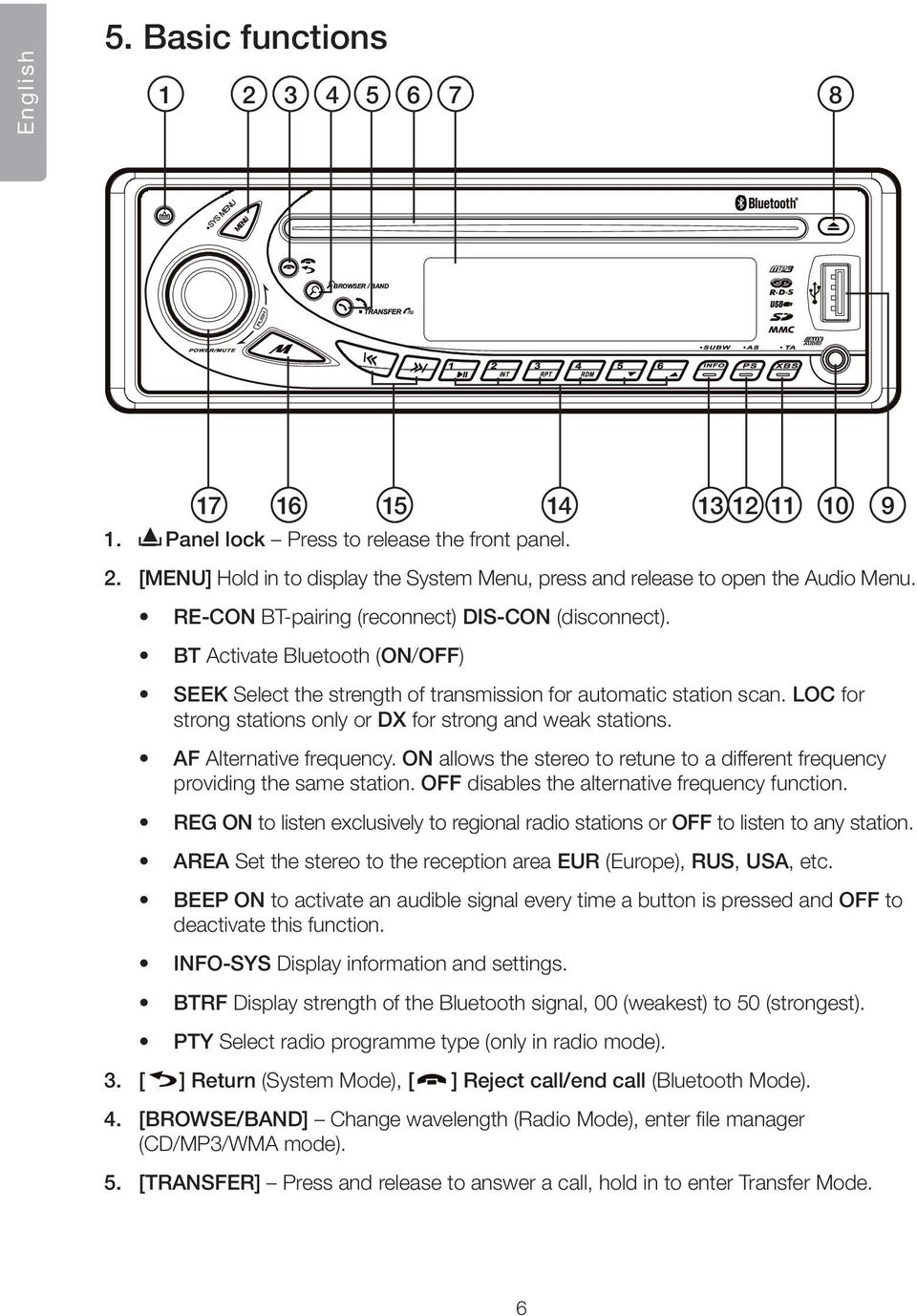 LOC for strong stations only or DX for strong and weak stations. AF Alternative frequency. ON allows the stereo to retune to a different frequency providing the same station.