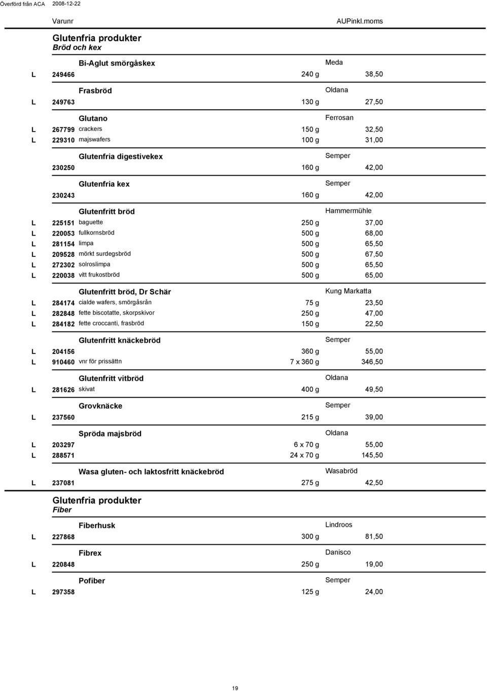 mörkt surdegsbröd 67,50 L 272302 solroslimpa 65,50 L 220038 vitt frukostbröd 65,00 Glutenfritt bröd, Dr Schär Kung Markatta L 284174 cialde wafers, smörgåsrån 75 g 23,50 L 282848 fette biscotatte,