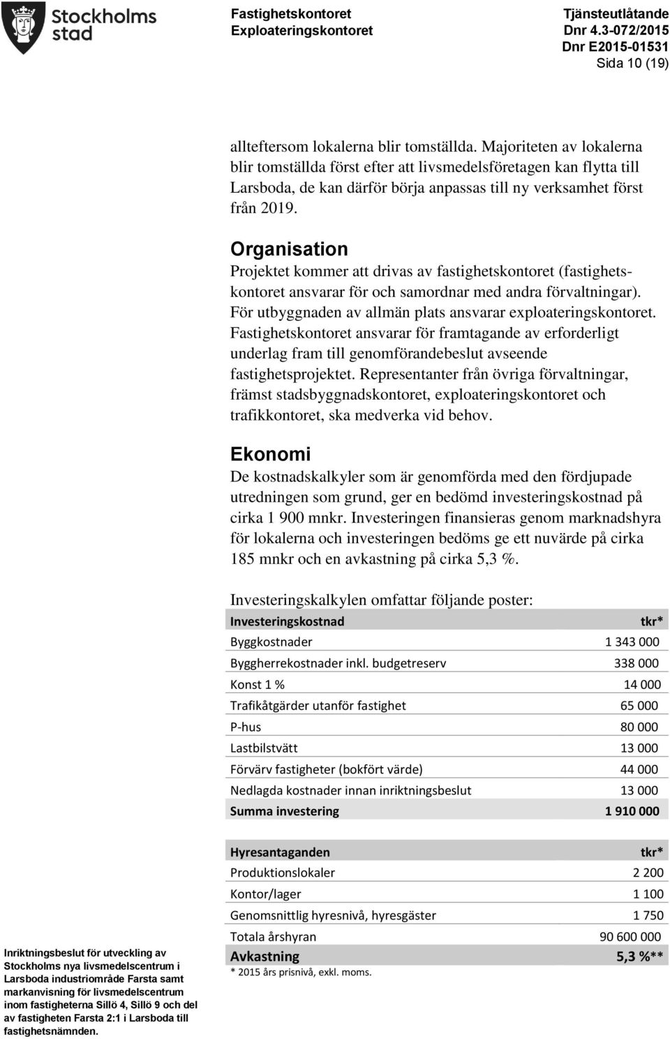 Organisation Projektet kommer att drivas av fastighetskontoret (fastighetskontoret ansvarar för och samordnar med andra förvaltningar). För utbyggnaden av allmän plats ansvarar exploateringskontoret.