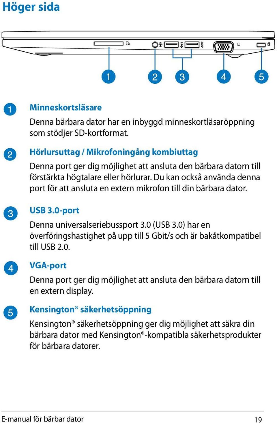 Du kan också använda denna port för att ansluta en extern mikrofon till din bärbara dator. USB 3.0-port Denna universalseriebussport 3.0 (USB 3.