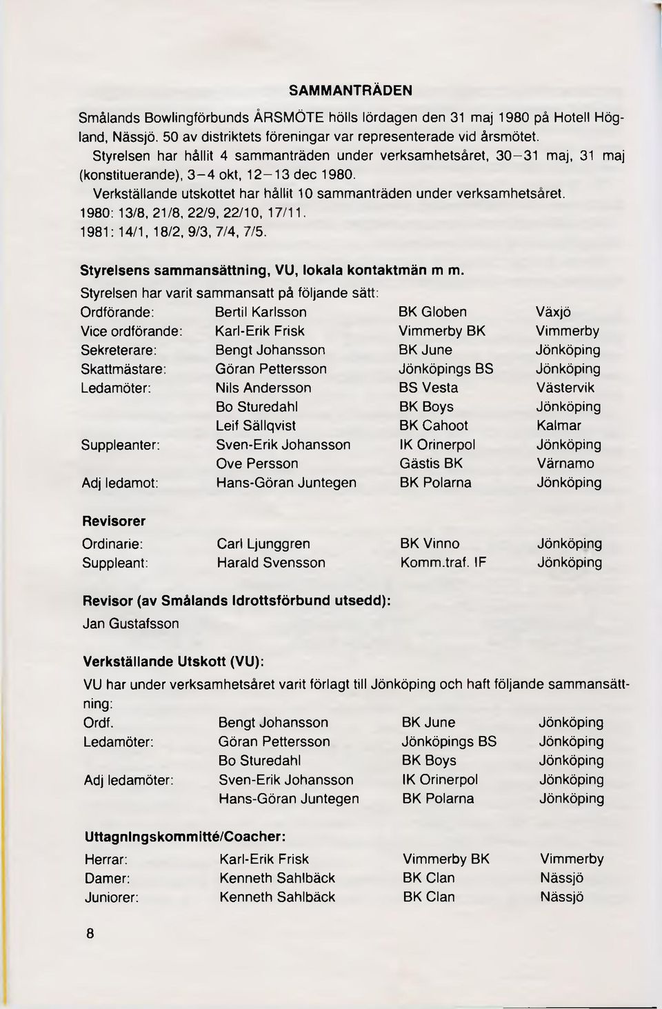 1980: 13/8, 21/8, 22/9, 22/10, 17/11. 1981: 14/1, 18/2, 9/3, 7/4, 7/5. Styrelsens sammansättning, VU, lokala kontaktmän m m.