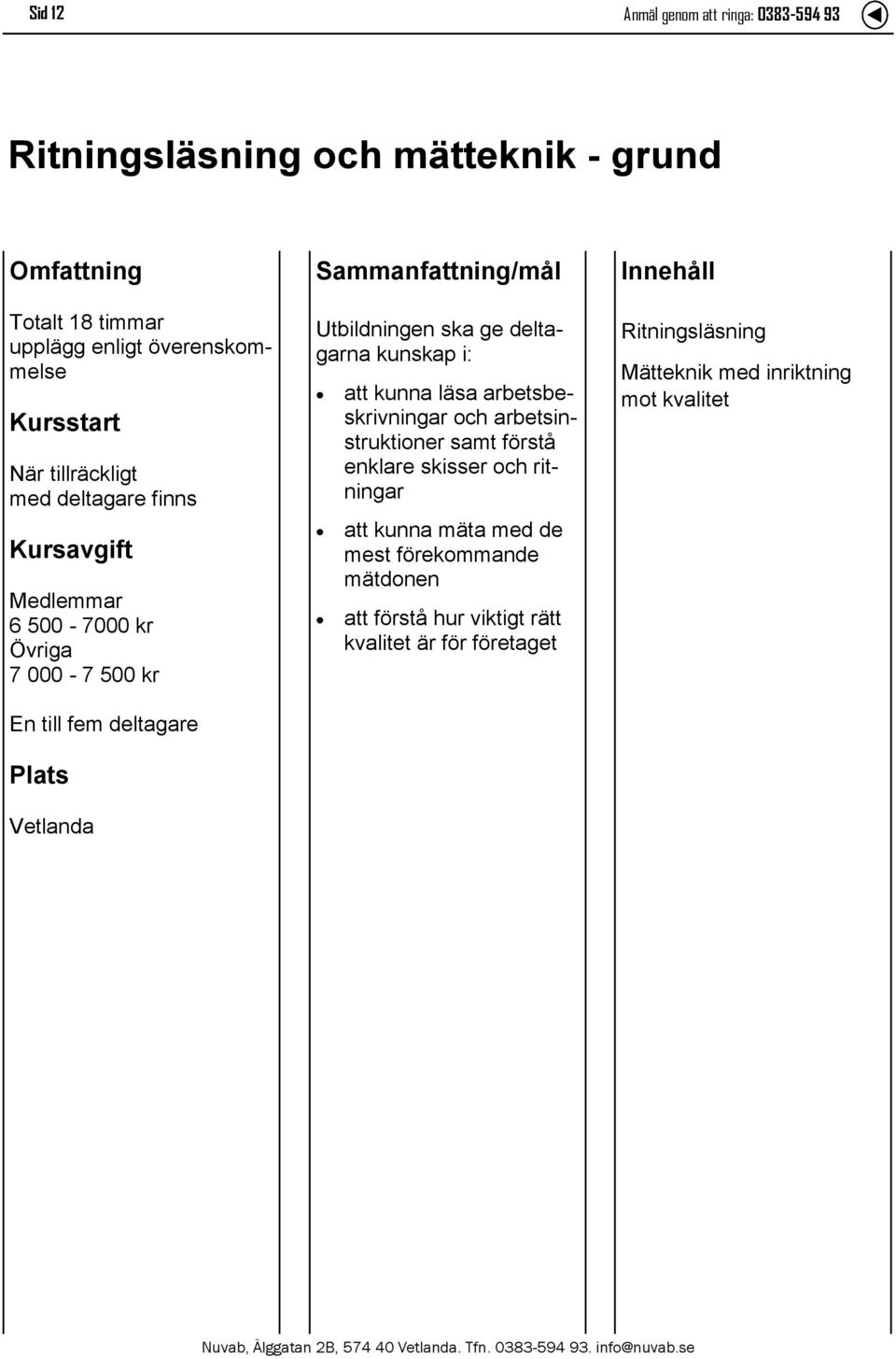 arbetsinstruktioner samt förstå enklare skisser och ritningar att kunna mäta med de mest förekommande mätdonen att förstå hur viktigt