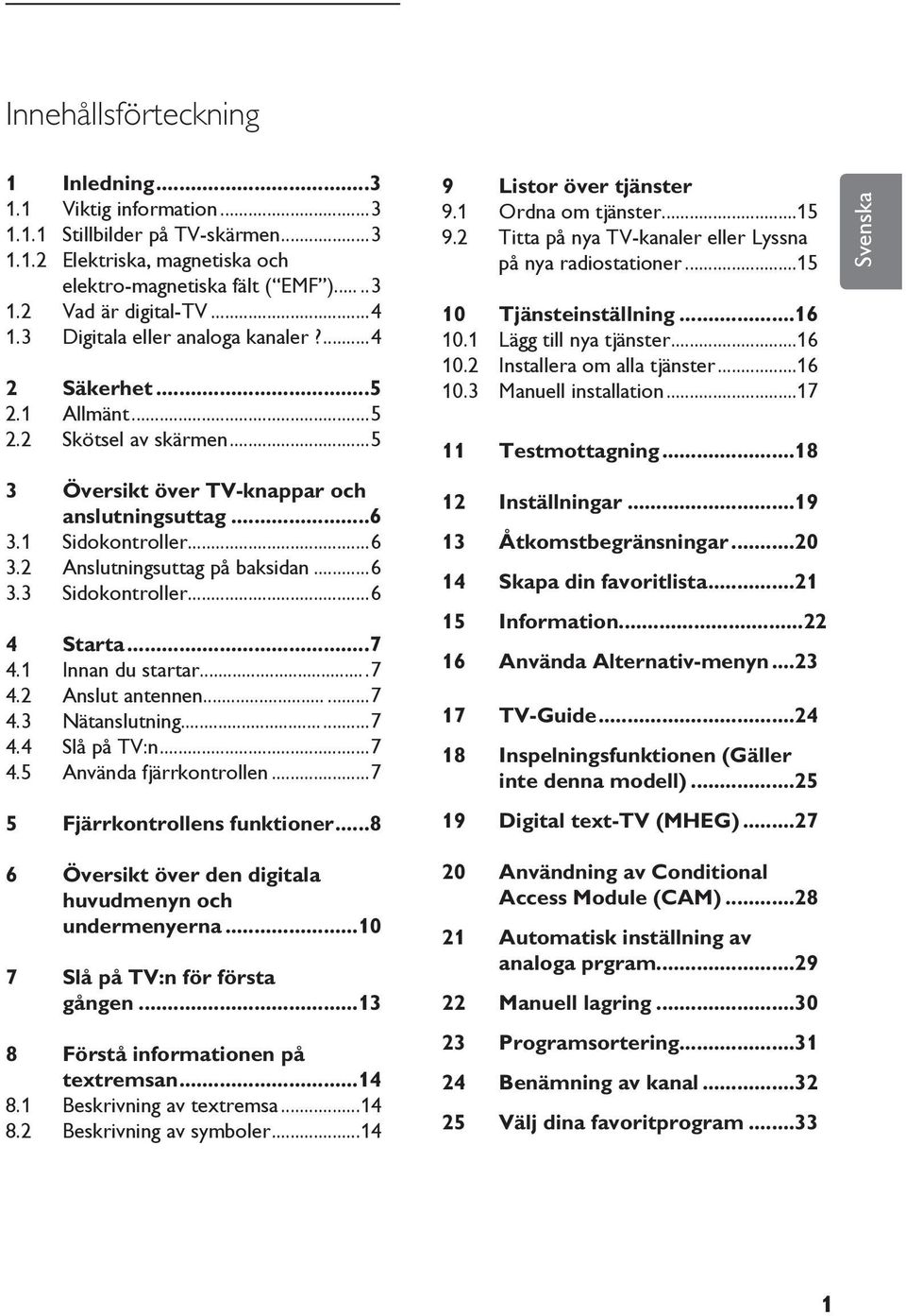 ..6 3.3 Sidokontroller...6 4 Starta...7 4.1 Innan du startar...7 4.2 Anslut antennen...7 4.3 Nätanslutning...7 4.4 Slå på TV:n...7 4.5 Använda fjärrkontrollen...7 5 Fjärrkontrollens funktioner.