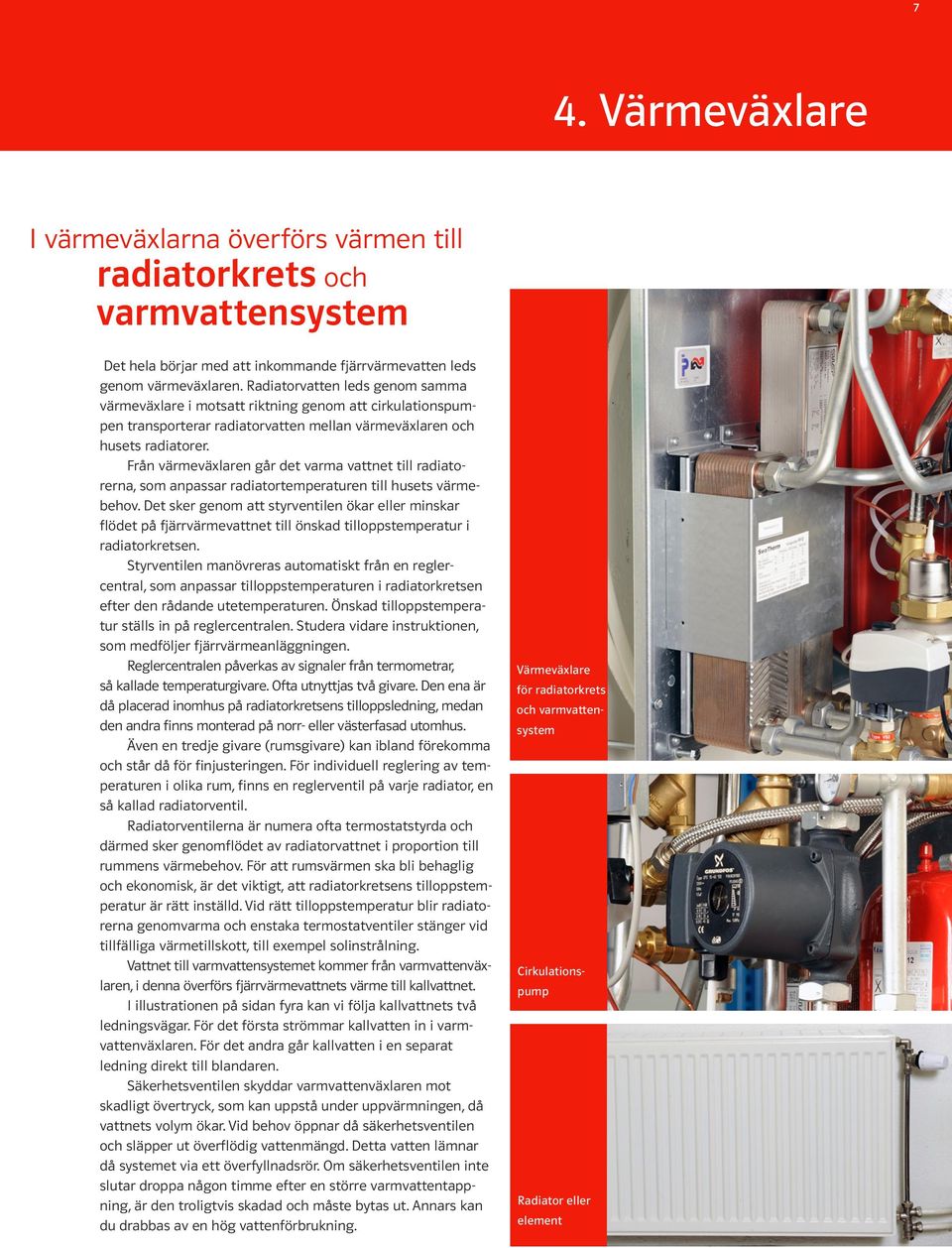 Från värmeväxlaren går det varma vattnet till radiatorerna, som anpassar radiatortemperaturen till husets värmebehov.