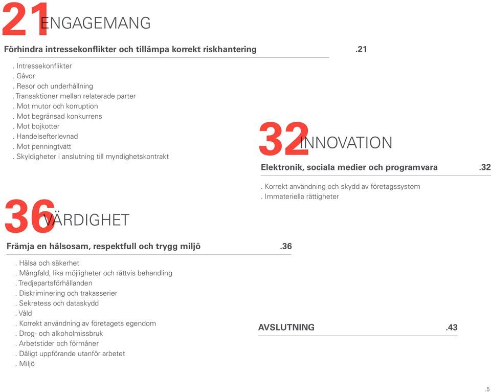 32 36 VÄRDIGHET Främja en hälsosam, respektfull och trygg miljö.36. Korrekt användning och skydd av företagssystem. Immateriella rättigheter. Hälsa och säkerhet.