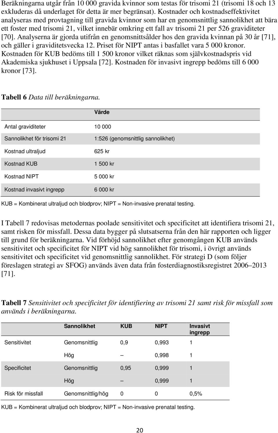 21 per 526 graviditeter [70]. Analyserna är gjorda utifrån en genomsnittsålder hos den gravida kvinnan på 30 år [71], och gäller i graviditetsvecka 12. Priset för antas i basfallet vara 5 000 kronor.