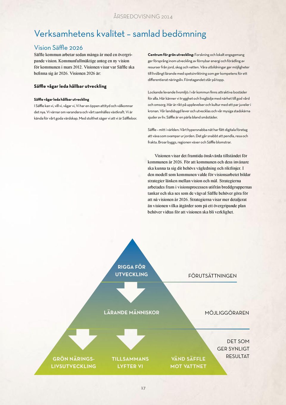 Visionen 2026 är: Säffle vågar leda hållbar utveckling Säffle vågar leda hållbar utveckling I Säffle kan vi, vill vi, vågar vi, Vi har en öppen attityd och välkomnar det nya.