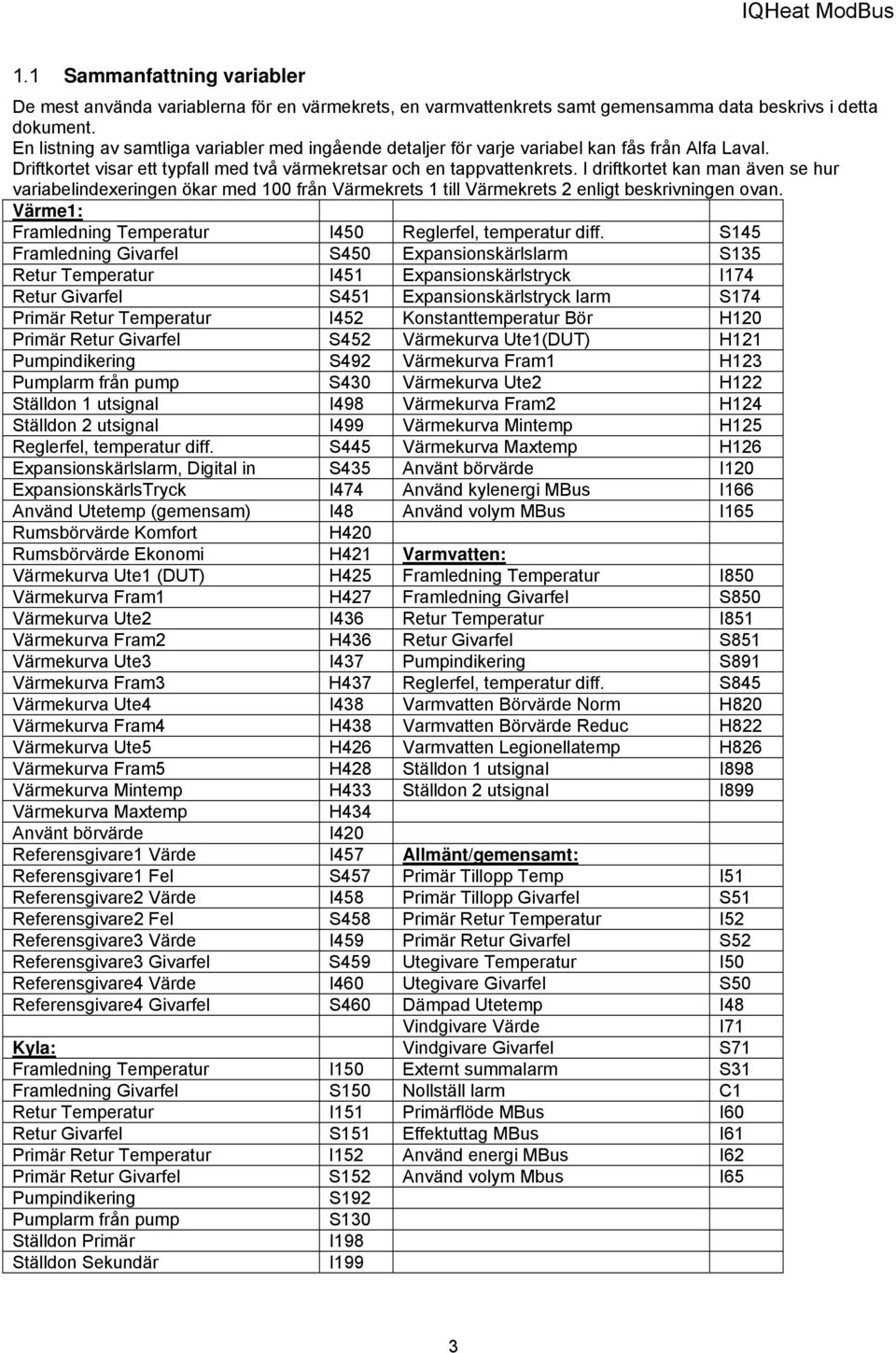 I driftkortet kan man även se hur variabelindexeringen ökar med 100 från Värmekrets 1 till Värmekrets 2 enligt beskrivningen ovan. Värme1: Framledning Temperatur I450 Reglerfel, temperatur diff.