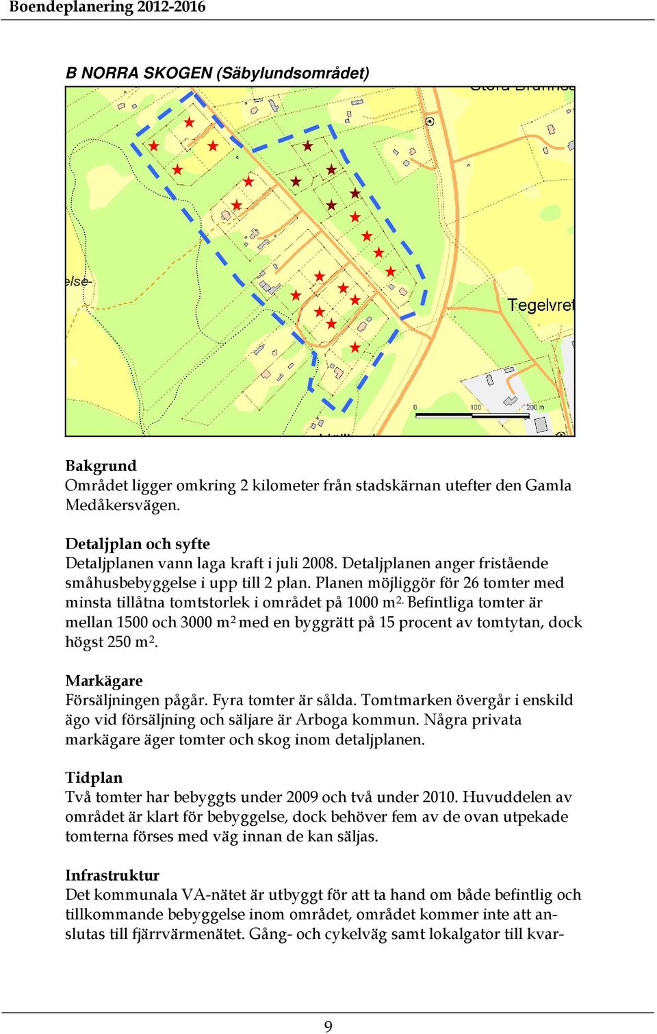 Befintliga tomter är mellan 1500 och 3000 m 2 med en byggrätt på 15 procent av tomtytan, dock högst 250 m 2. Försäljningen pågår. Fyra tomter är sålda.