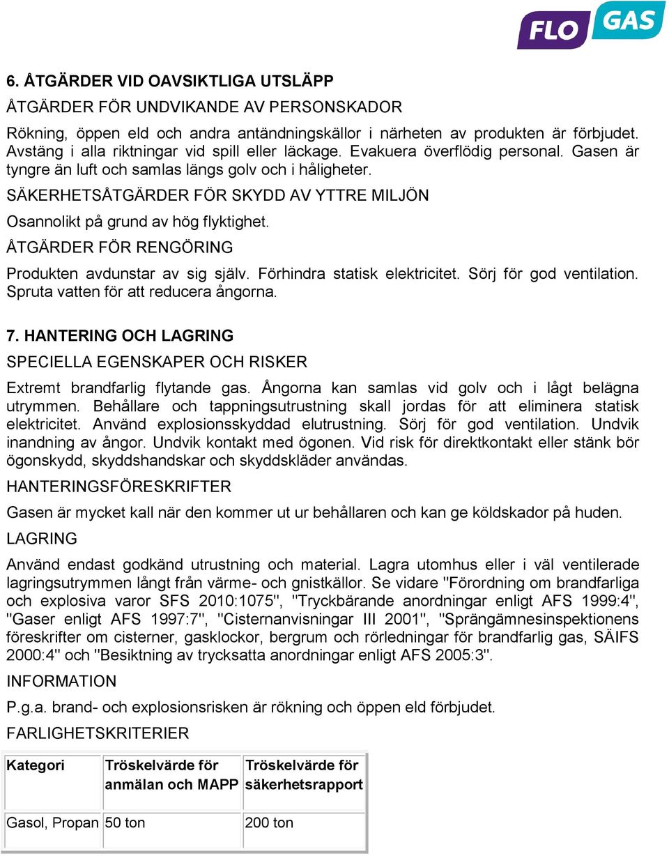 SÄKERHETSÅTGÄRDER FÖR SKYDD AV YTTRE MILJÖN Osannolikt på grund av hög flyktighet. ÅTGÄRDER FÖR RENGÖRING Produkten avdunstar av sig själv. Förhindra statisk elektricitet. Sörj för god ventilation.