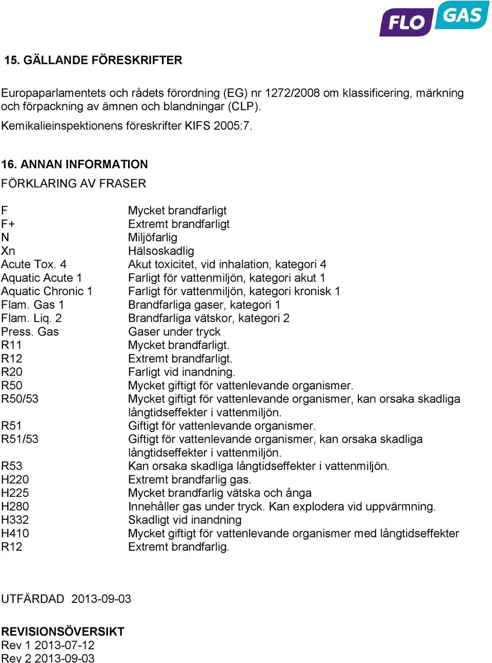 4 Akut toxicitet, vid inhalation, kategori 4 Aquatic Acute 1 Farligt för vattenmiljön, kategori akut 1 Aquatic Chronic 1 Farligt för vattenmiljön, kategori kronisk 1 Flam.