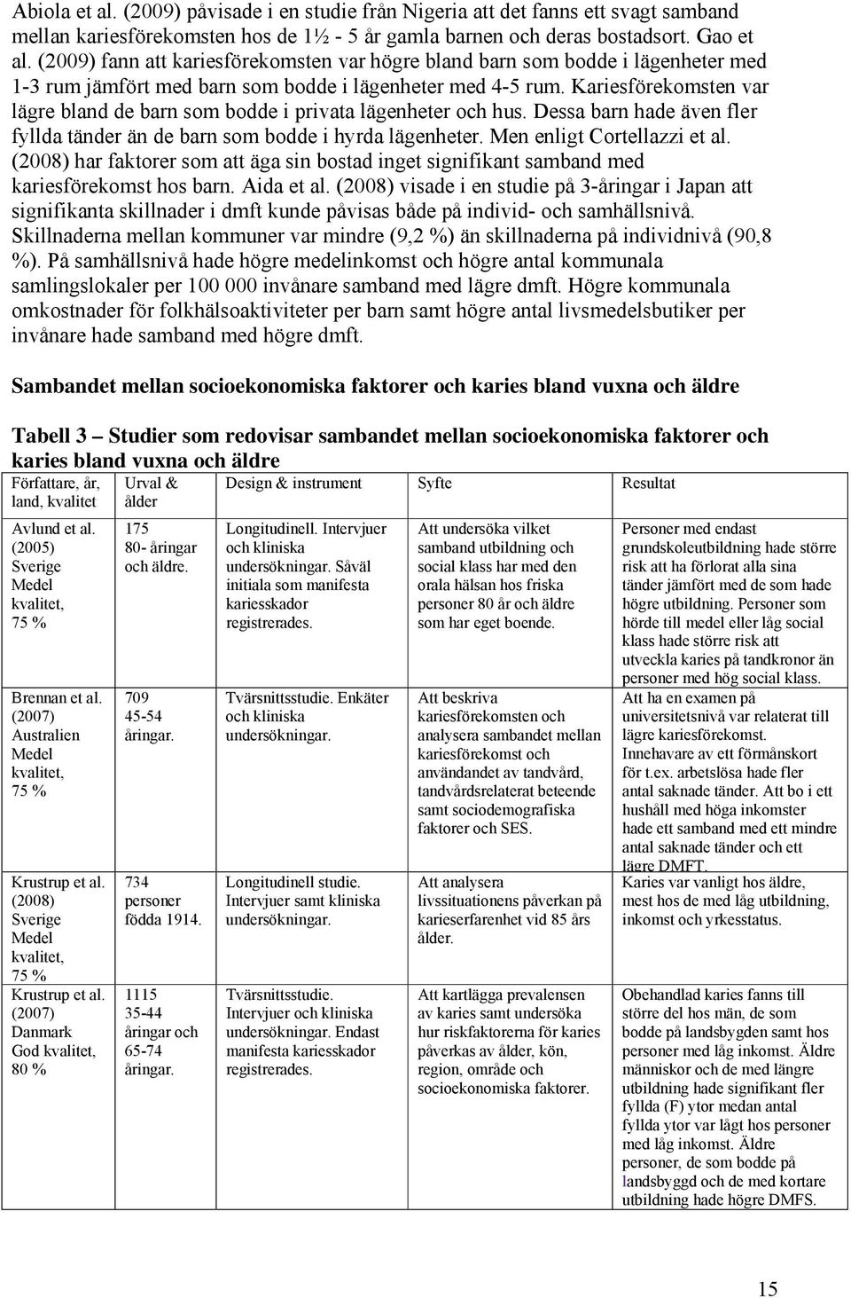 Kariesförekomsten var lägre bland de barn som bodde i privata lägenheter och hus. Dessa barn hade även fler fyllda tänder än de barn som bodde i hyrda lägenheter. Men enligt Cortellazzi et al.