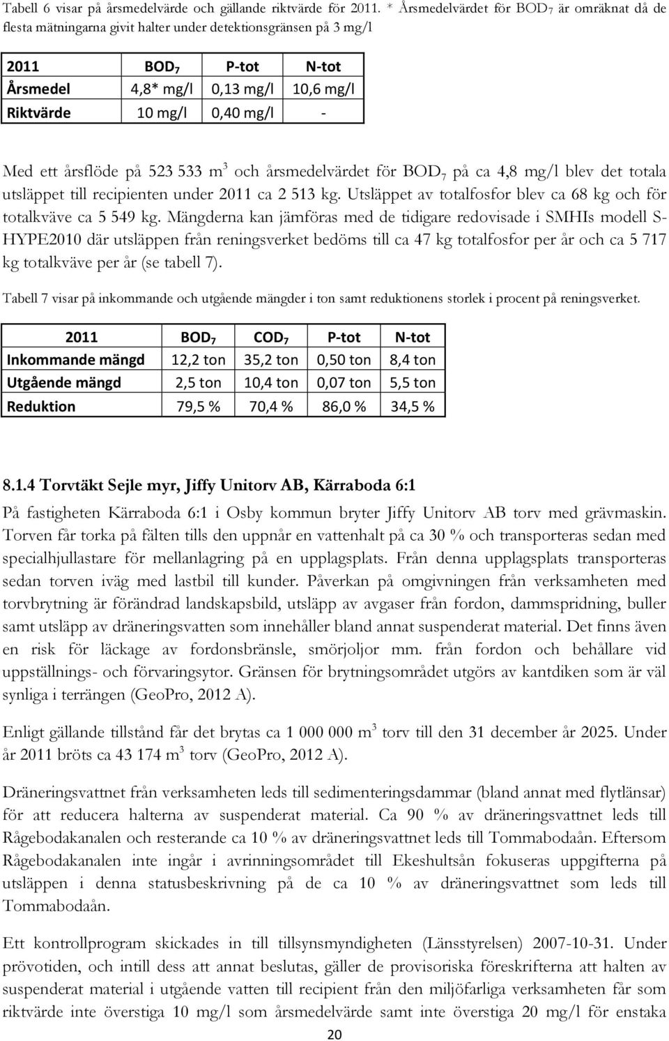 mg/l - Med ett årsflöde på 523 533 m 3 och årsmedelvärdet för BOD 7 på ca 4,8 mg/l blev det totala utsläppet till recipienten under 2011 ca 2 513 kg.