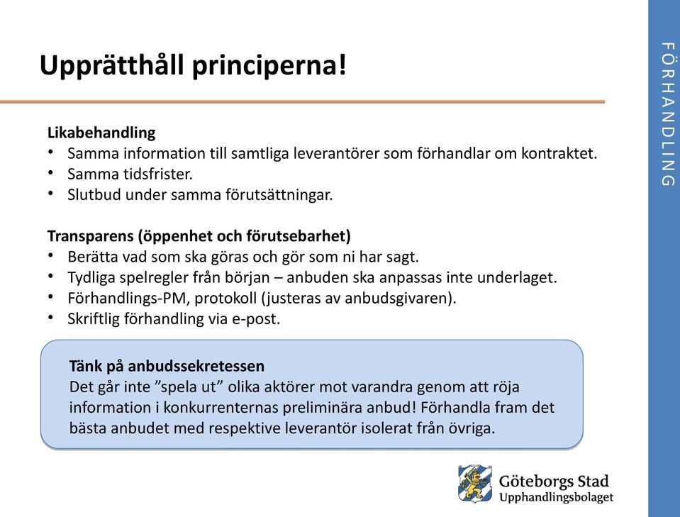 Tydliga spelregler från början anbuden ska anpassas inte underlaget. Förhandlings-PM, protokoll (justeras av anbudsgivaren). Skriftlig förhandling via e-post.