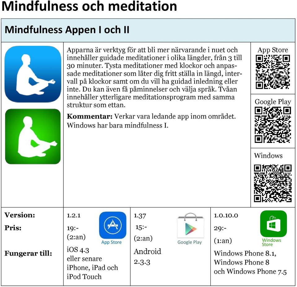 Du kan även få påminnelser och välja språk. Tvåan innehåller ytterligare meditationsprogram med samma struktur som ettan. Kommentar: Verkar vara ledande app inom området.