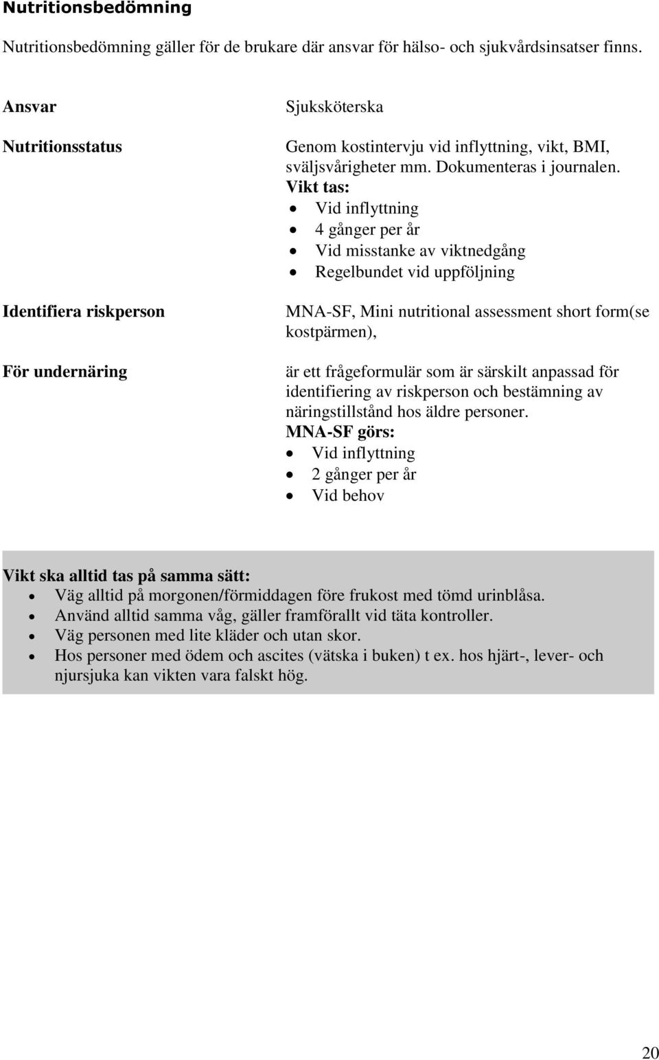 Vikt tas: Vid inflyttning 4 gånger per år Vid misstanke av viktnedgång Regelbundet vid uppföljning MNA-SF, Mini nutritional assessment short form(se kostpärmen), är ett frågeformulär som är särskilt