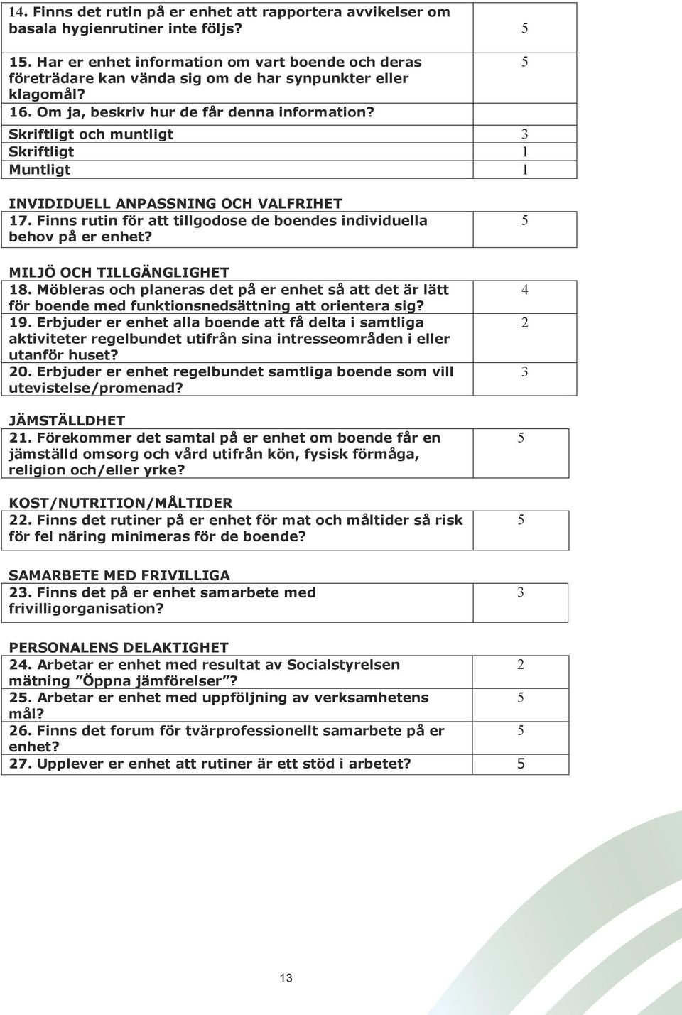 Skriftligt och muntligt 3 Skriftligt 1 Muntligt 1 INVIDIDUELL ANPASSNING OCH VALFRIHET 17. Finns rutin för att tillgodose de boendes individuella behov på er enhet? MILJÖ OCH TILLGÄNGLIGHET 18.