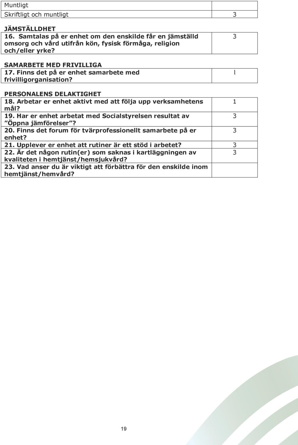 Har er enhet arbetat med Socialstyrelsen resultat av 3 Öppna jämförelser? 20. Finns det forum för tvärprofessionellt samarbete på er 3 enhet? 21.