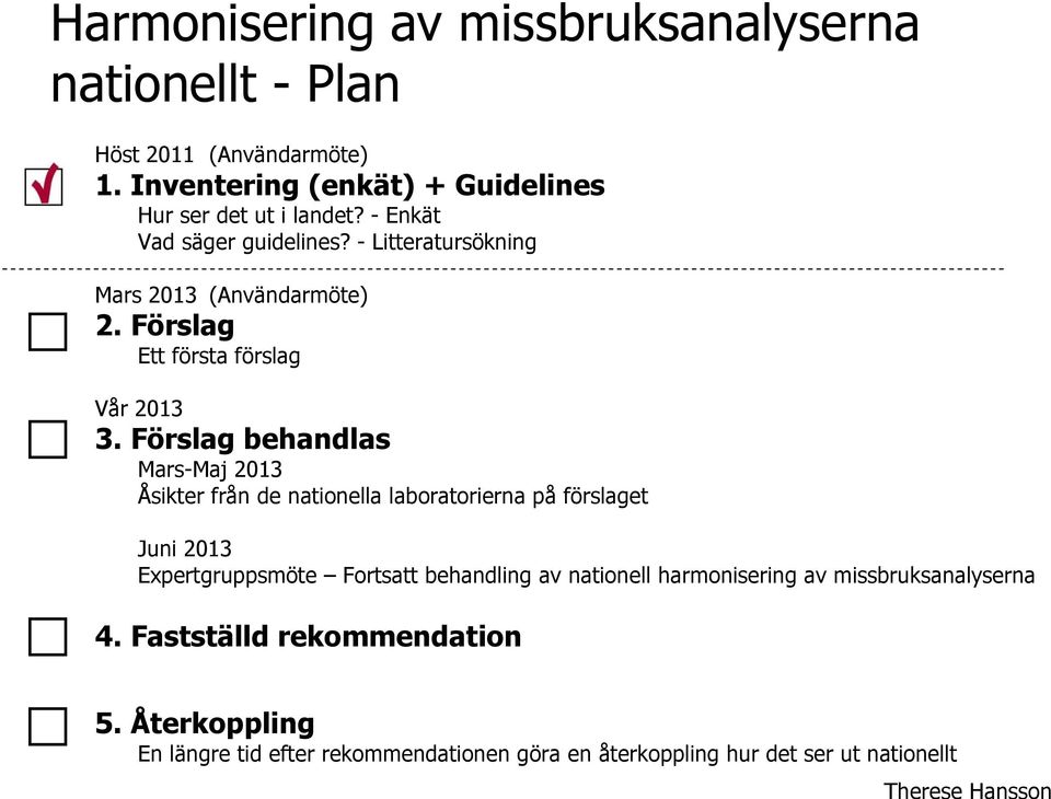 Förslag behandlas Mars-Maj 2013 Åsikter från de nationella laboratorierna på förslaget Juni 2013 Expertgruppsmöte Fortsatt behandling av