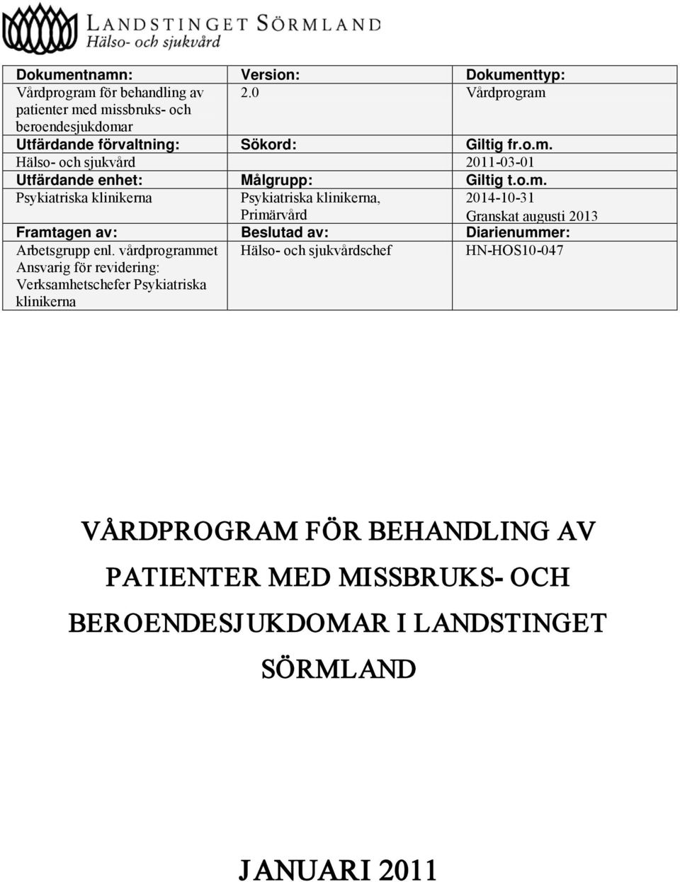 o.m. Psykiatriska klinikerna Psykiatriska klinikerna, Primärvård 2014-10-31 Granskat augusti 2013 Framtagen av: Beslutad av: Diarienummer: Arbetsgrupp enl.
