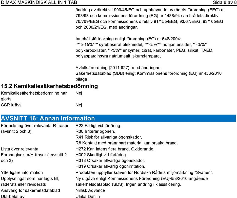 1488/94 samt rådets direktiv 76/769/EEG och kommissionens direktiv 91/155/EEG, 93/67/EEG, 93/105/EG och 2000/21/EG, med ändringar.