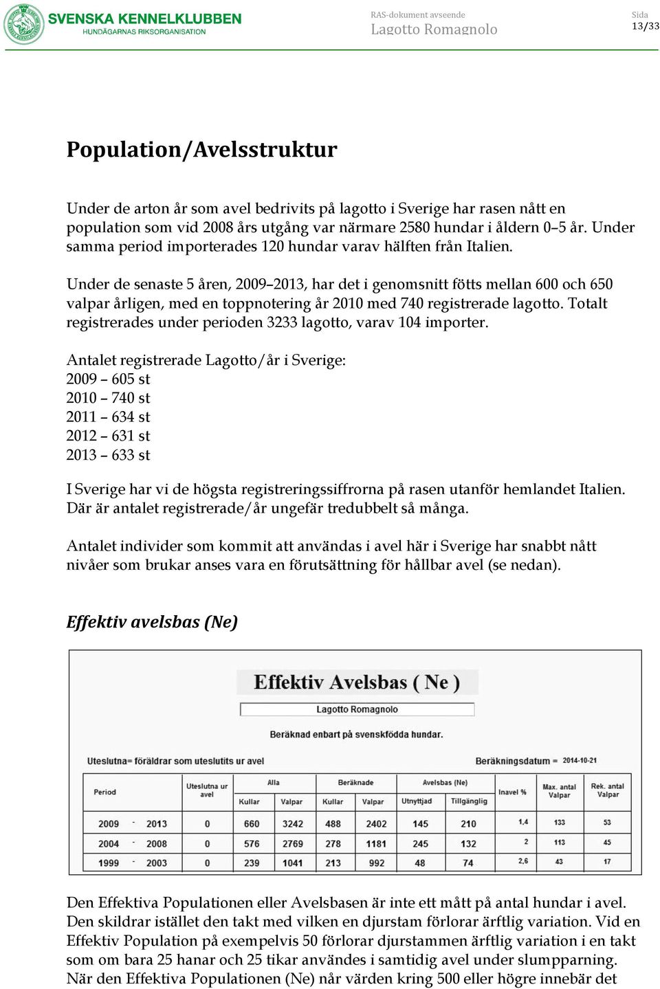 Under de senaste 5 åren, 2009 2013, har det i genomsnitt fötts mellan 600 och 650 valpar årligen, med en toppnotering år 2010 med 740 registrerade lagotto.