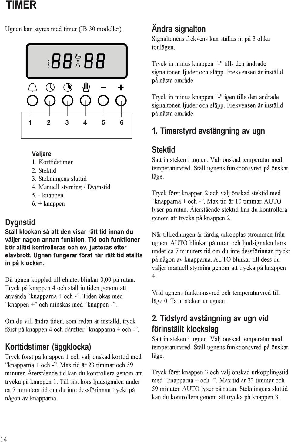 + knappen Dygnstid Ställ klockan så att den visar rätt tid innan du väljer någon annan funktion. Tid och funktioner bör alltid kontrolleras och ev. justeras efter elavbrott.