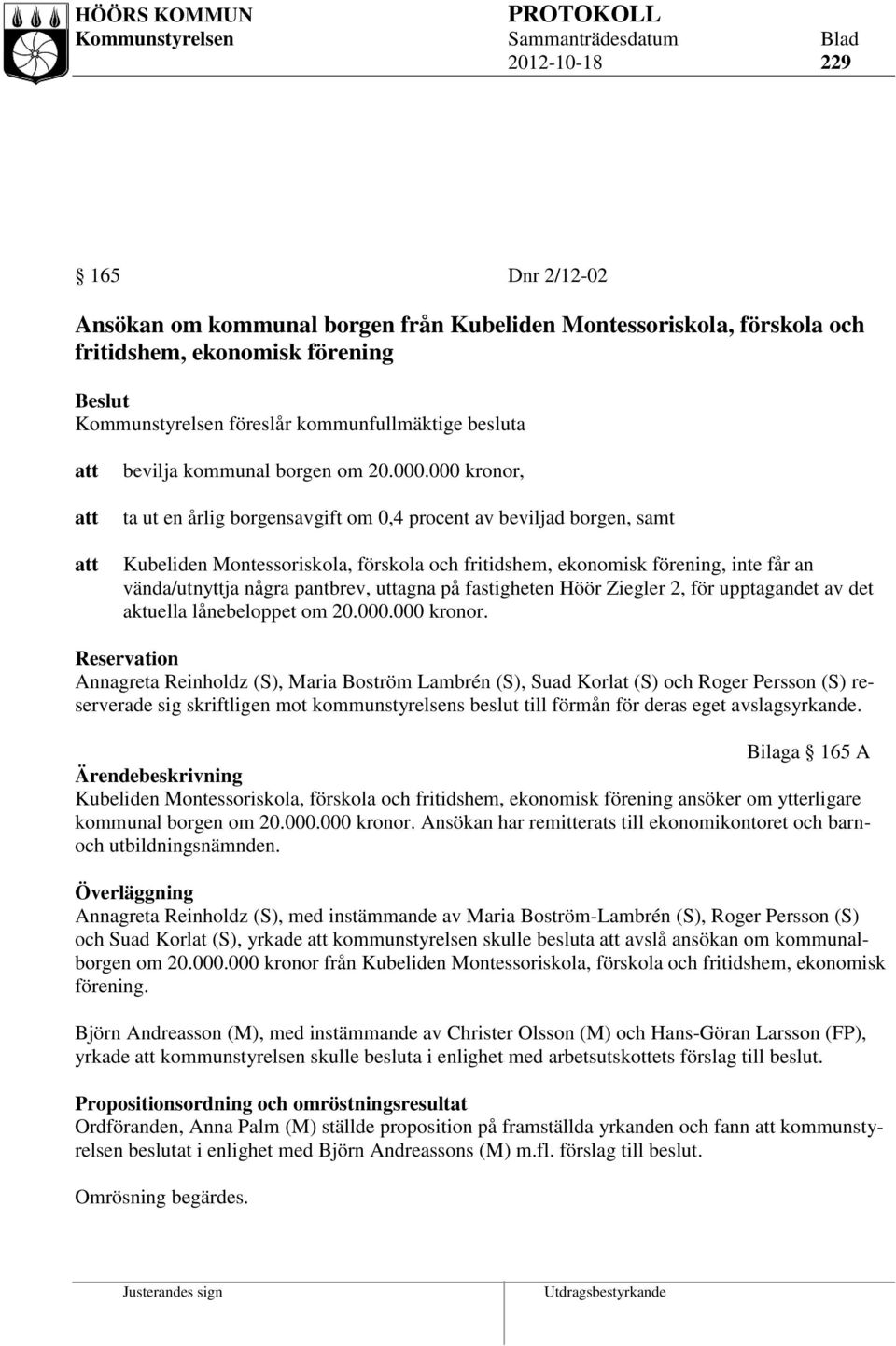 000 kronor, ta ut en årlig borgensavgift om 0,4 procent av beviljad borgen, samt Kubeliden Montessoriskola, förskola och fritidshem, ekonomisk förening, inte får an vända/utnyttja några pantbrev,