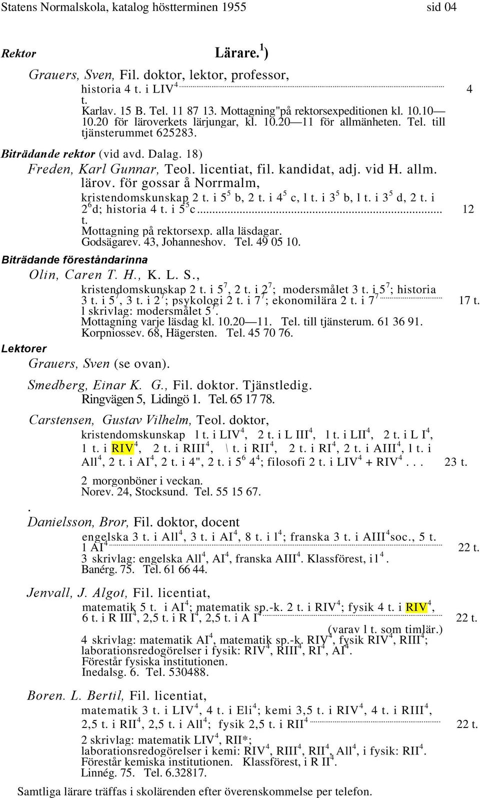 18) Freden, Karl Gunnar, Teol. licentiat, fil. kandidat, adj. vid H. allm. lärov. för gossar å Norrmalm, kristendomskunskap 2 t. i 5 5 b, 2 t. i 4 5 c, l t. i 3 5 b, l t. i 3 5 d, 2 t.