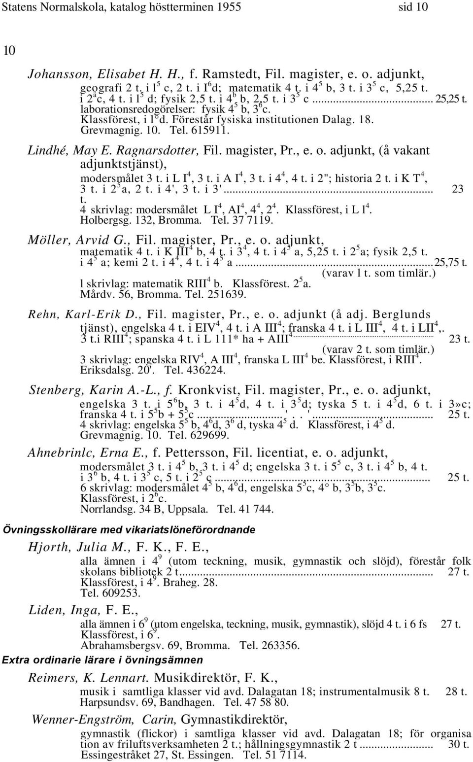 Grevmagnig. 10. Tel. 615911. Lindhé, May E. Ragnarsdotter, Fil. magister, Pr., e. o. adjunkt, (å vakant adjunktstjänst), modersmålet 3 t. i L I 4, 3 t. i A I 4, 3 t. i 4 4, 4 t. i 2"; historia 2 t.