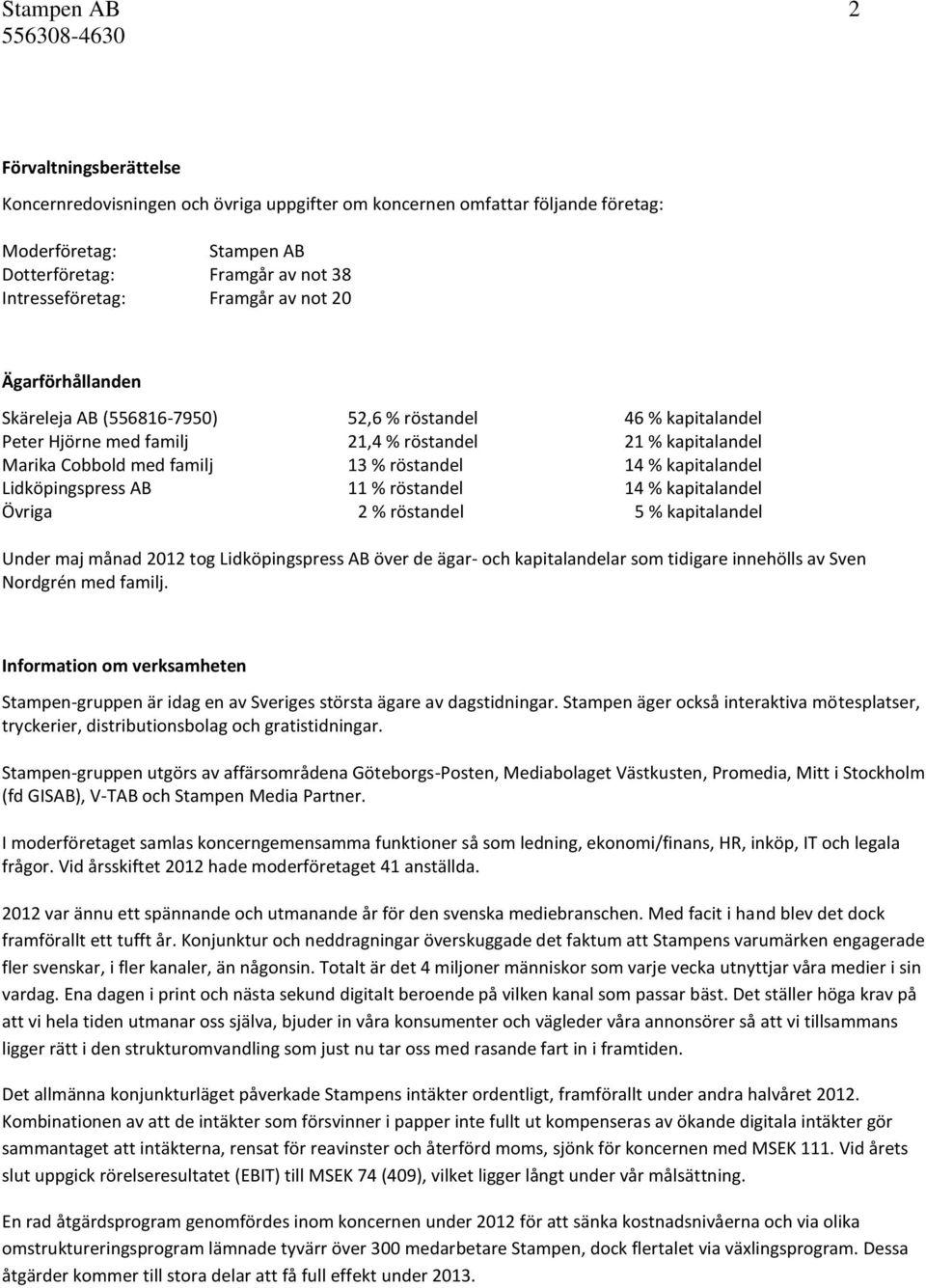 % kapitalandel Lidköpingspress AB 11 % röstandel 14 % kapitalandel Övriga 2 % röstandel 5 % kapitalandel Under maj månad 2012 tog Lidköpingspress AB över de ägar- och kapitalandelar som tidigare