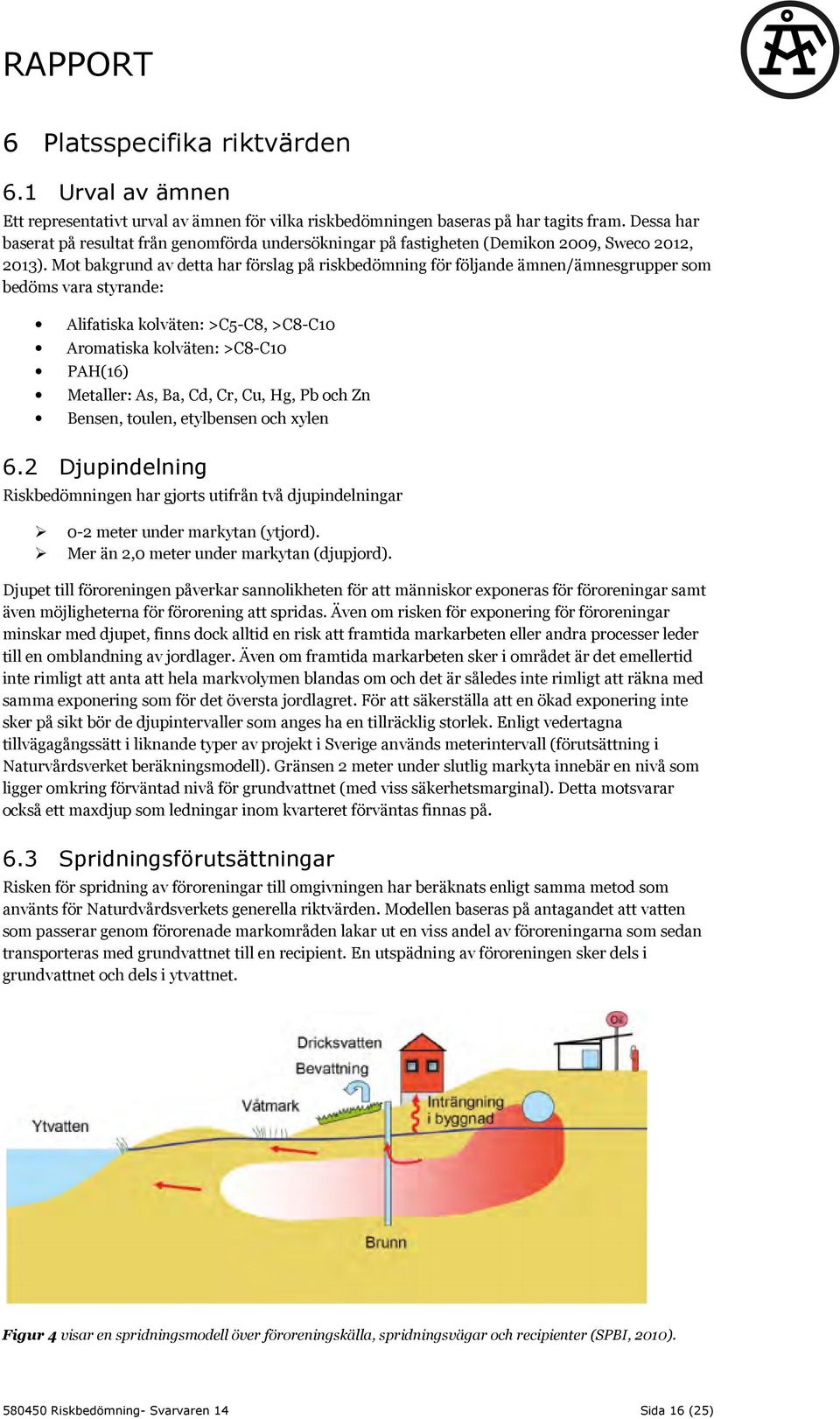 Mot bakgrund av detta har förslag på riskbedömning för följande ämnen/ämnesgrupper som bedöms vara styrande: Alifatiska kolväten: >C5-C8, >C8-C10 Aromatiska kolväten: >C8-C10 PAH(16) Metaller: As,