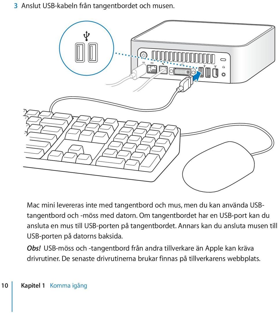 Om tangentbordet har en USB-port kan du ansluta en mus till USB-porten på tangentbordet.