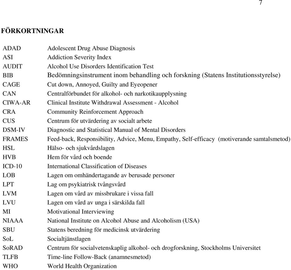 narkotikaupplysning Clinical Institute Withdrawal Assessment - Alcohol Community Reinforcement Approach Centrum för utvärdering av socialt arbete Diagnostic and Statistical Manual of Mental Disorders