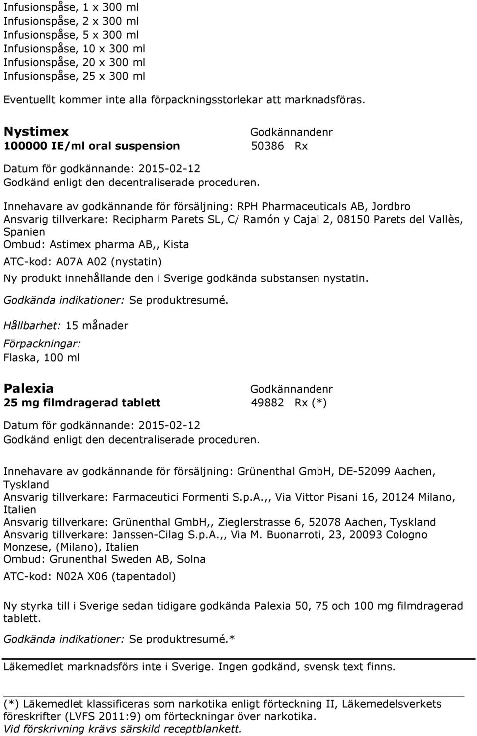 Nystimex 100000 IE/ml oral suspension 50386 Rx Innehavare av godkännande för försäljning: RPH Pharmaceuticals AB, Jordbro Ansvarig tillverkare: Recipharm Parets SL, C/ Ramón y Cajal 2, 08150 Parets