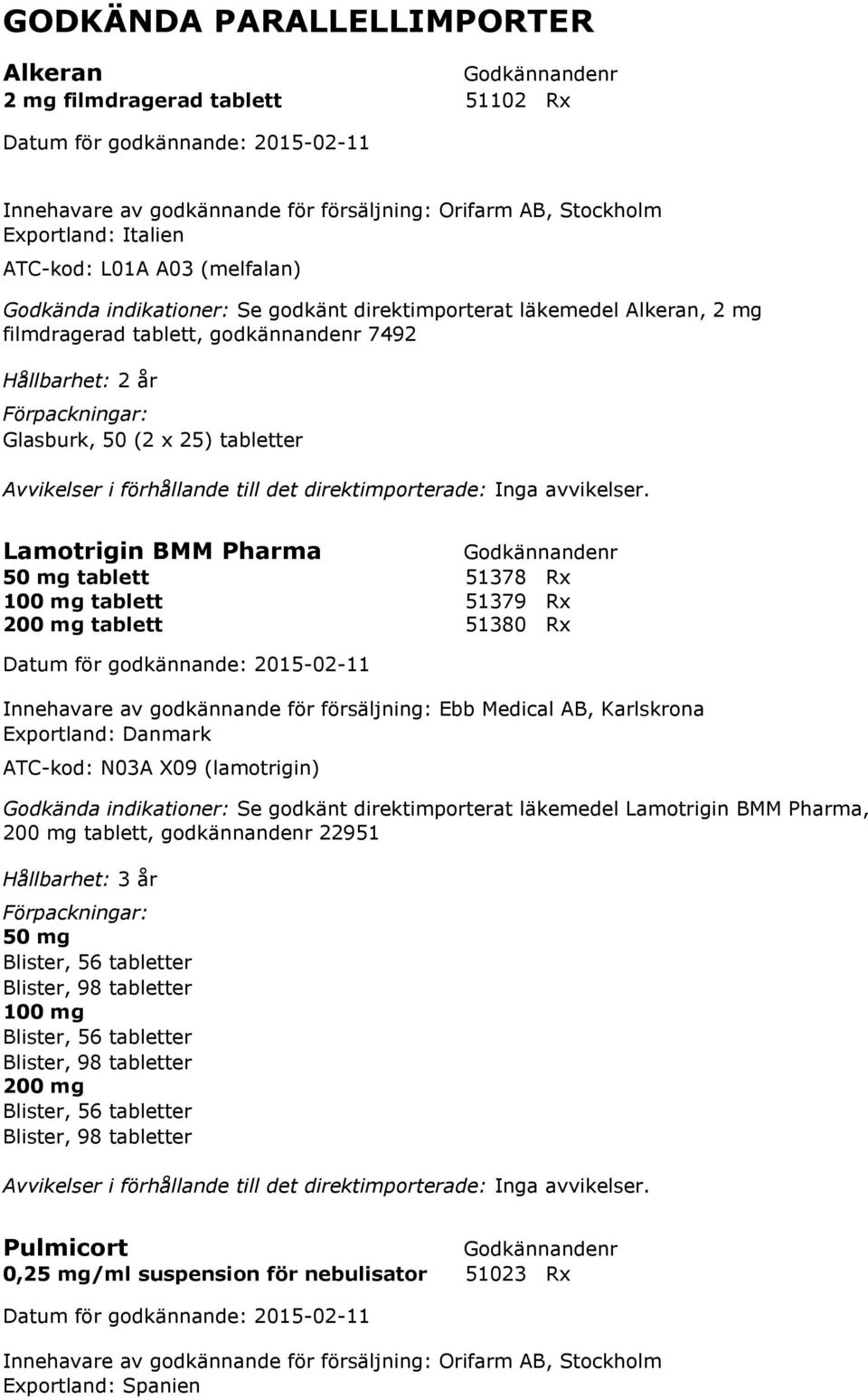 Lamotrigin BMM Pharma 50 mg 51378 Rx 100 mg 51379 Rx 200 mg 51380 Rx Innehavare av godkännande för försäljning: Ebb Medical AB, Karlskrona Exportland: Danmark ATC-kod: N03A X09 (lamotrigin) Godkända