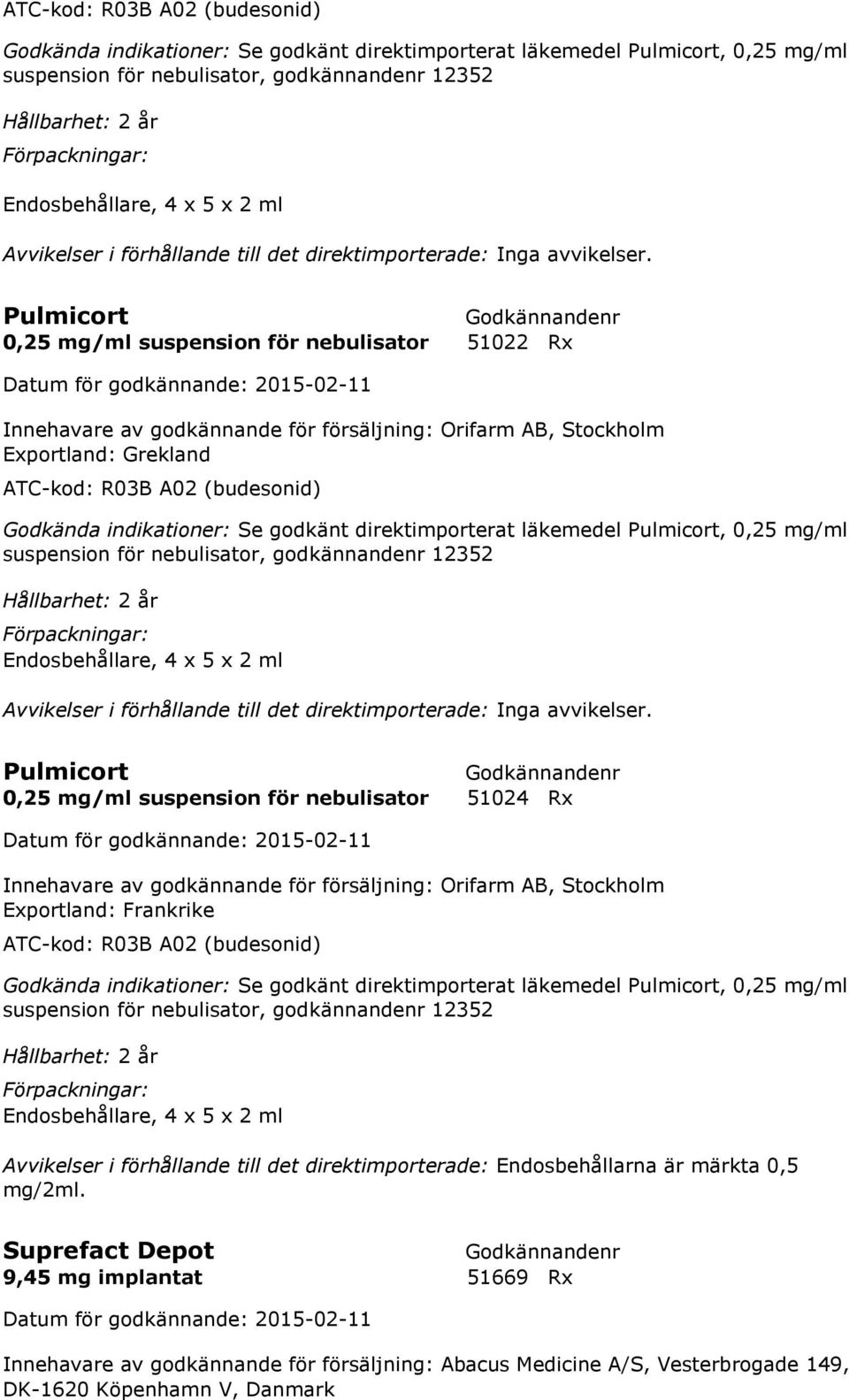 Pulmicort 0,25 mg/ml suspension för nebulisator 51022 Rx Innehavare av godkännande för försäljning: Orifarm AB, Stockholm Exportland: Grekland   Pulmicort 0,25 mg/ml suspension för nebulisator 51024