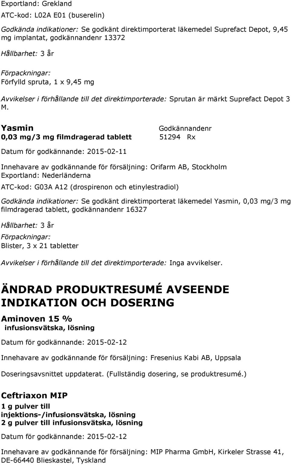 Yasmin 0,03 mg/3 mg filmdragerad 51294 Rx Innehavare av godkännande för försäljning: Orifarm AB, Stockholm Exportland: Nederländerna ATC-kod: G03A A12 (drospirenon och etinylestradiol) Godkända