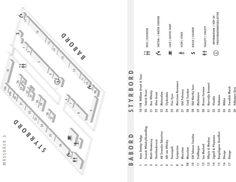 15 HISS ELEVATOR VATTEN WATER STATION CAFÈ COFFEE SHOP SCEN STAGE KASSA CASHIER S 15 Bergslagens Destilleri 16 Diaego 17 Diaego Styrbord 18-19B William Grant & Sons 20 Snövit Resor 21 Box Whisky 22