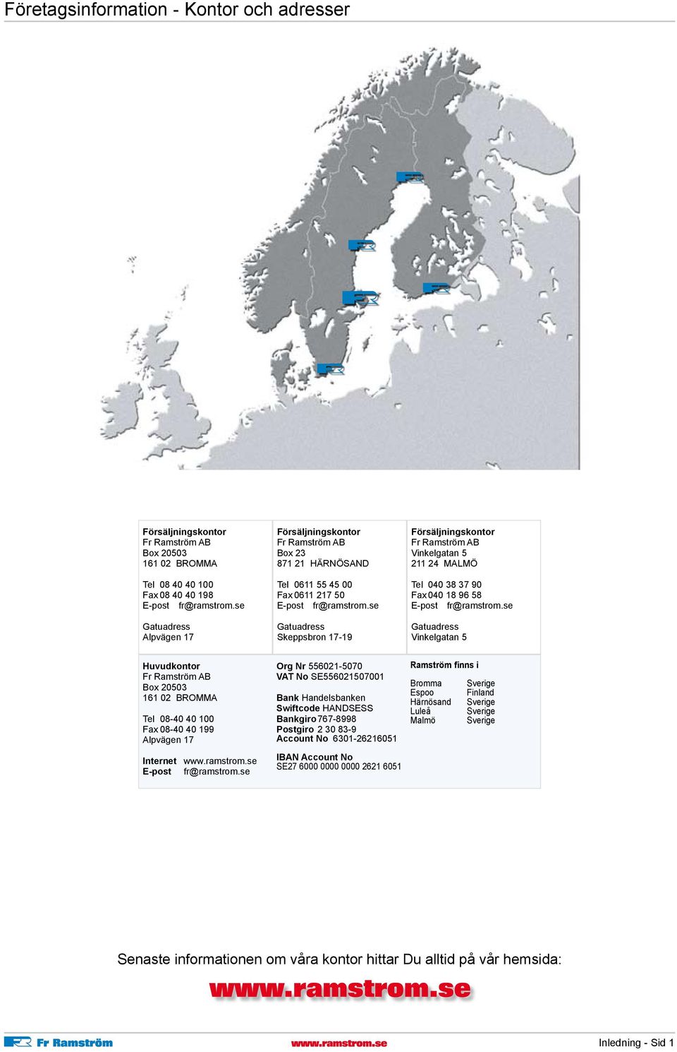 se Gatuadress Skeppsbron 17-19 Försäljningskontor Fr Ramström AB Vinkelgatan 5 211 24 MALMÖ Tel 040 38 37 90 Fax 040 18 96 58 E-post fr@ramstrom.