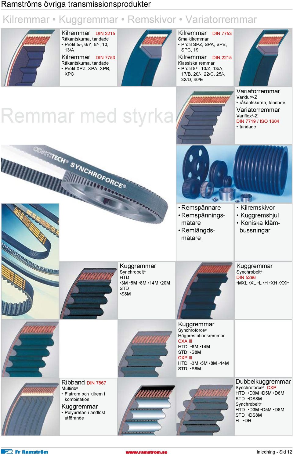 styrka Variatorremmar Varidur -Z råkantskurna, tandade Variatorremmar Variflex -Z DIN 7719 / ISO 1604 tandade Remspännare Remspänningsmätare Remlängdsmätare Kilremskivor Kuggremshjul Koniska