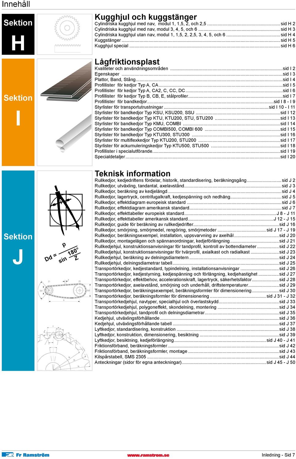 ..sid I 2 Egenskaper...sid I 3 Plattor, Band, Stång...sid I 4 Profillister för kedjor Typ A, CA...sid I 5 Profillister för kedjor Typ A, CA2, C, CC, DC.
