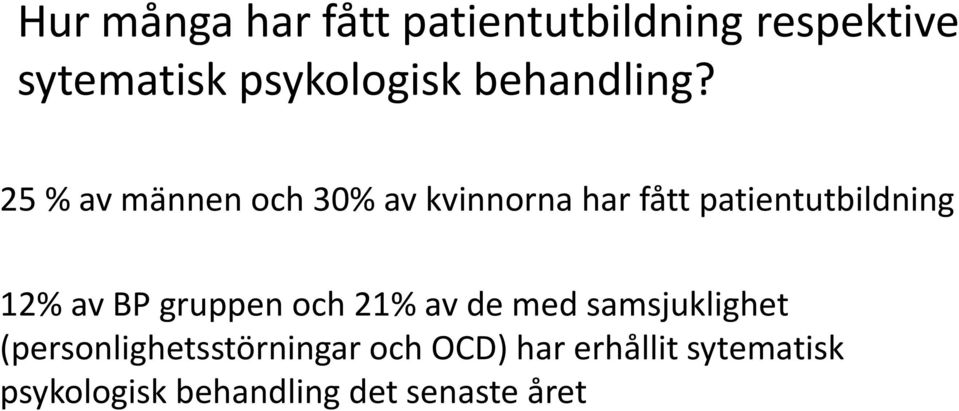 25 % av männen och 30% av kvinnorna har fått patientutbildning 12% av BP