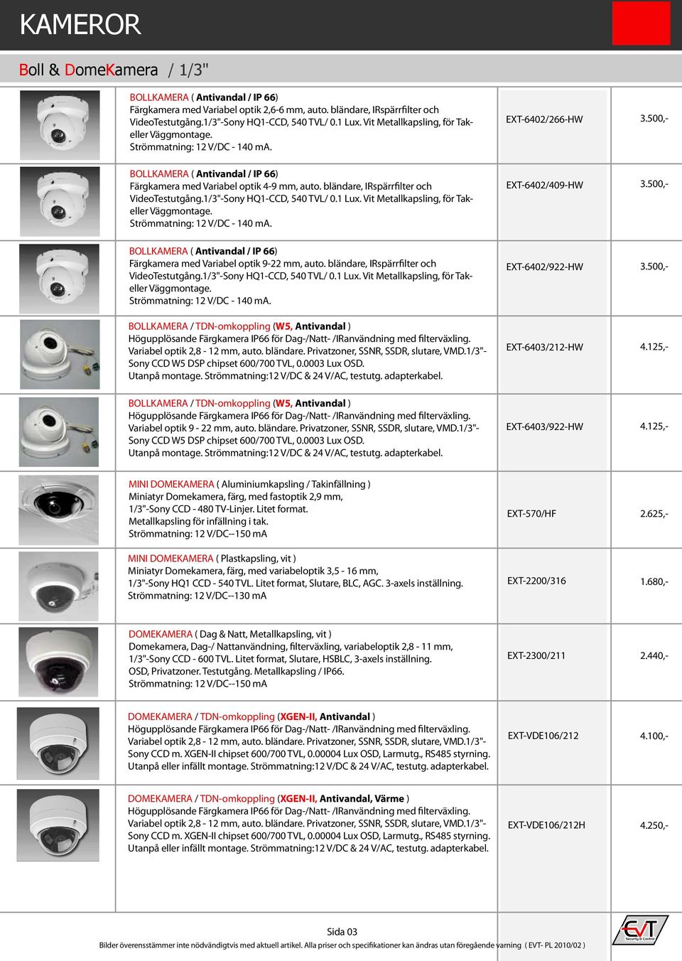 bländare, IRspärrfilter och VideoTestutgång.1/3"-Sony HQ1-CCD, 540 TVL/ 0.1 Lux. Vit Metallkapsling, för Takeller Väggmontage. Strömmatning: 12 V/DC - 140 ma.