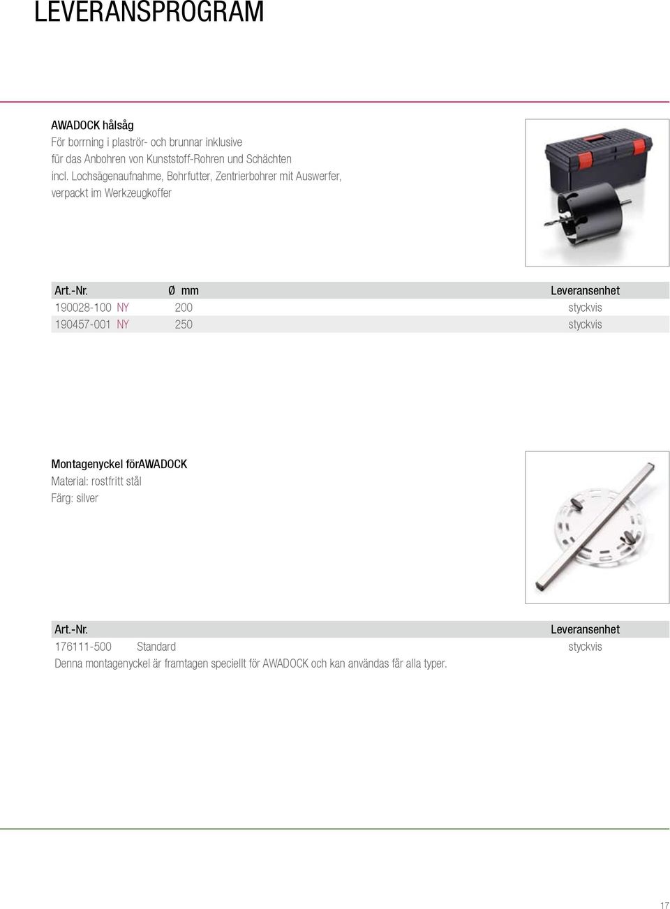 Ø mm Leveransenhet 190028-100 NY 200 styckvis 190457-001 NY 250 styckvis Montagenyckel förawadock Material: rostfritt stål