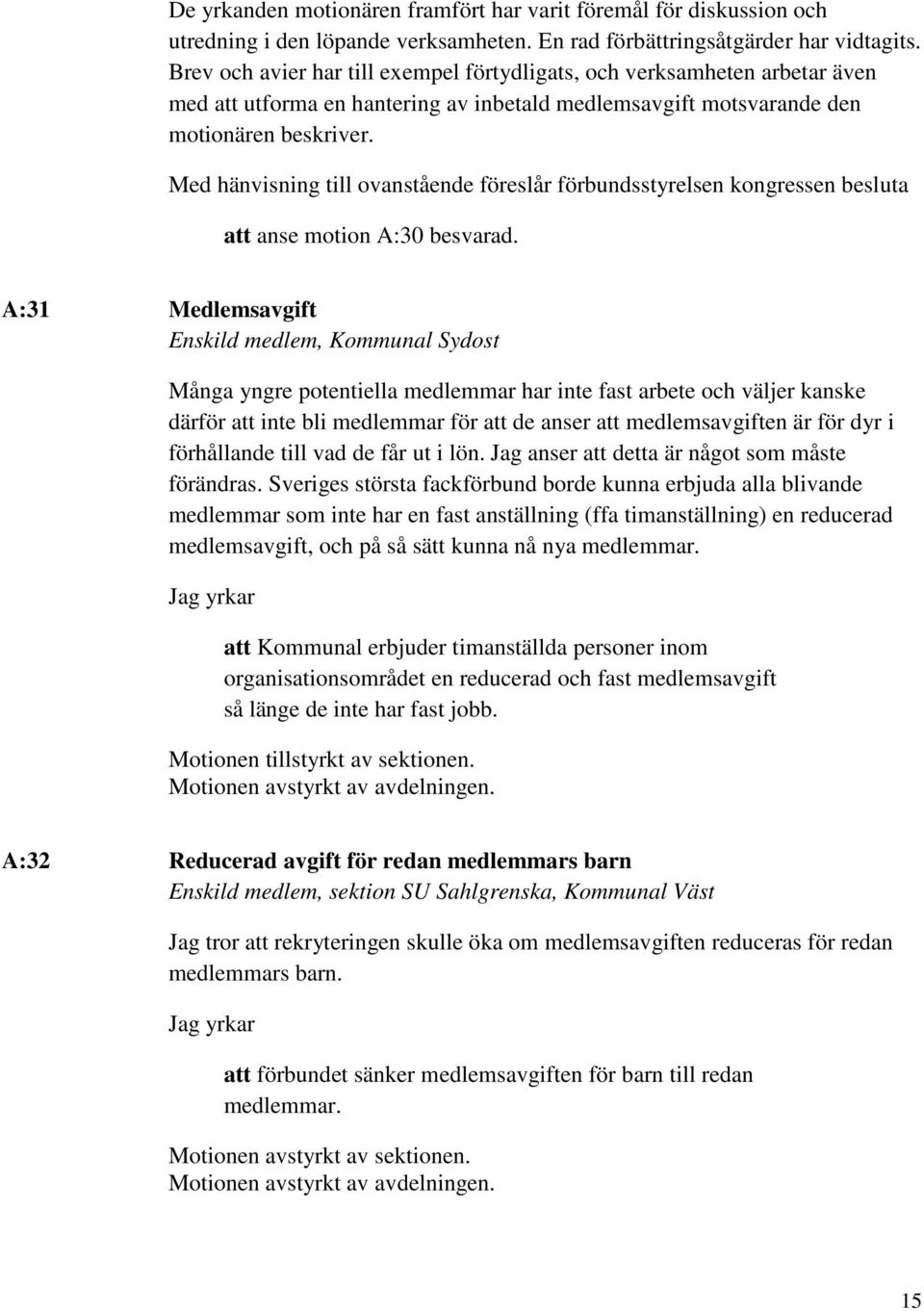 Med hänvisning till ovanstående föreslår förbundsstyrelsen kongressen besluta att anse motion A:30 besvarad.