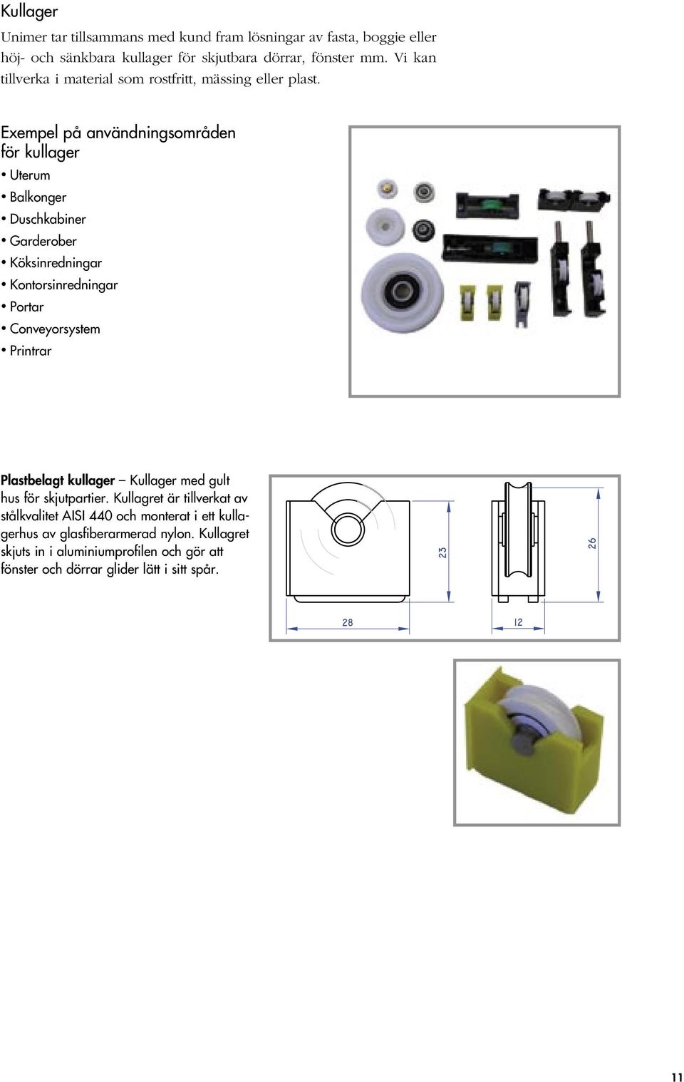 Exempel på användningsområden för kullager Uterum Balkonger Duschkabiner Garderober Köksinredningar Kontorsinredningar Portar Conveyorsystem Printrar