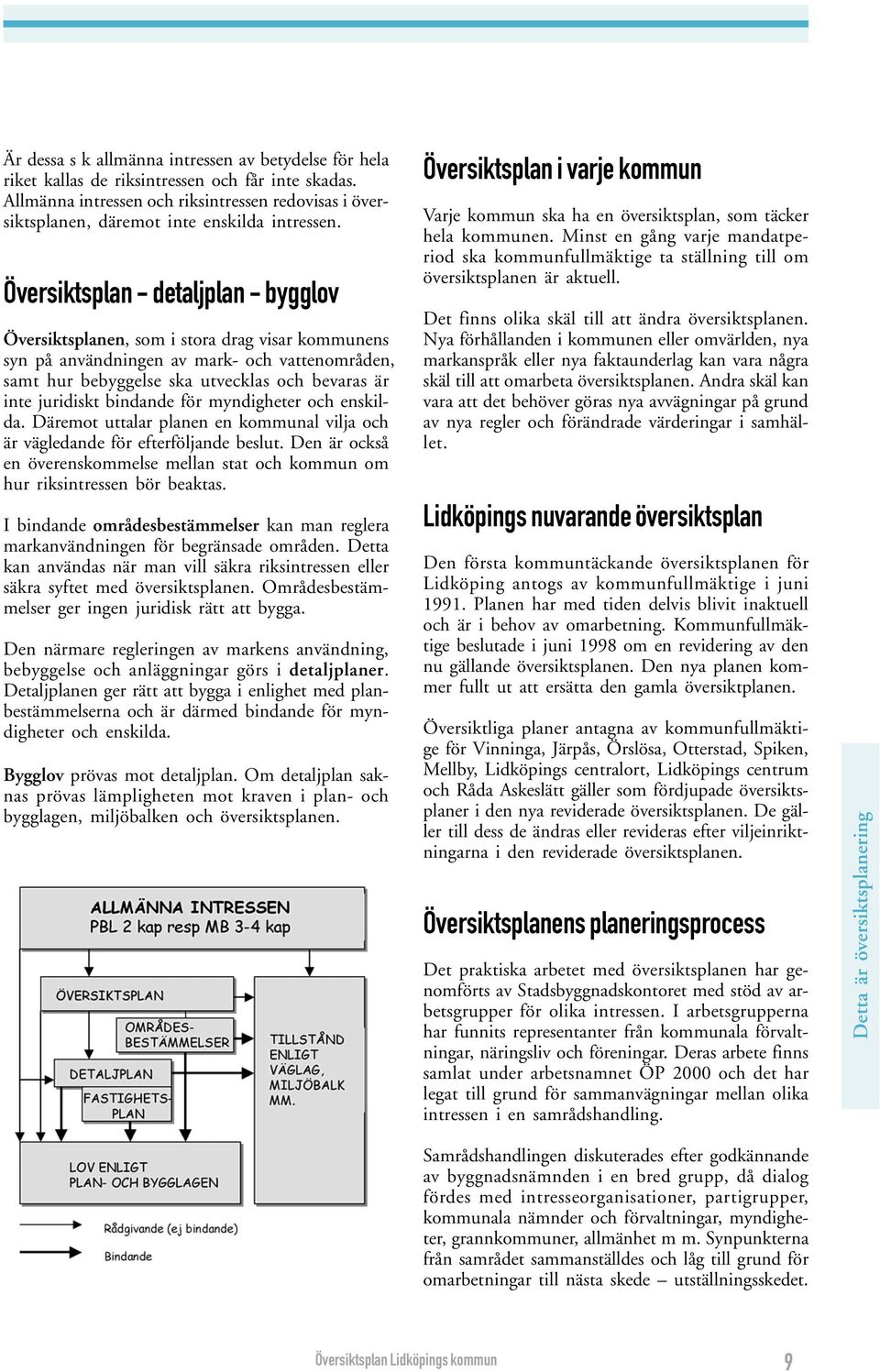 Översiktsplan - detaljplan - bygglov Översiktsplanen, som i stora drag visar kommunens syn på användningen av mark- och vattenområden, samt hur bebyggelse ska utvecklas och bevaras är inte juridiskt